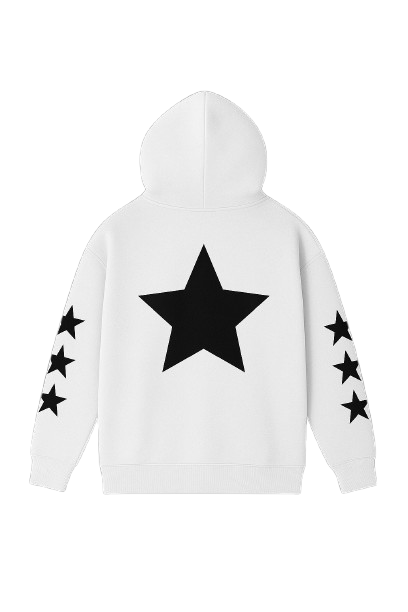 White Allstr Zip-Up hoodie with black star sleeve pattern