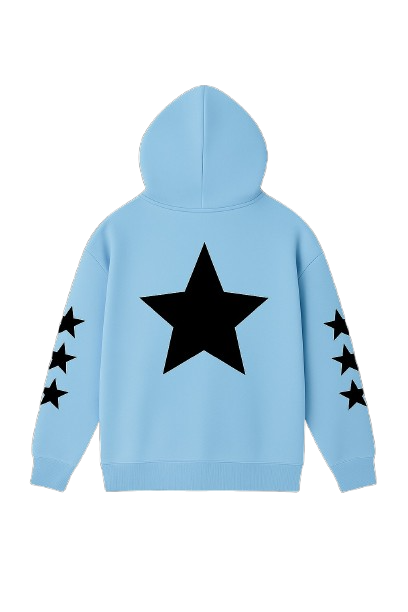 Light Blue Zip-Up Allstr hoodie with black star sleeve pattern