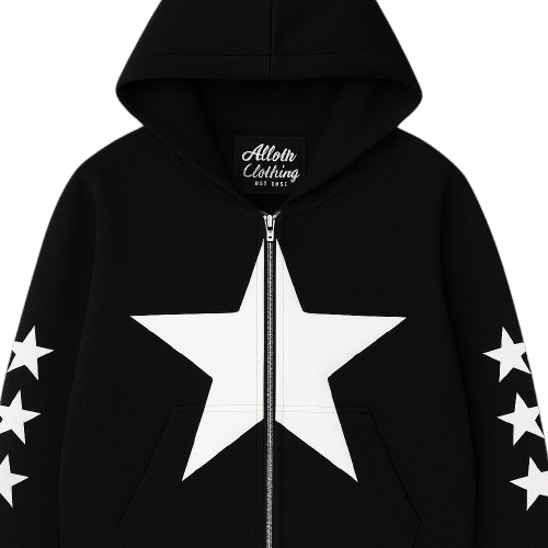 Black Allstr Zip-Up hoodie with white star Sleeves