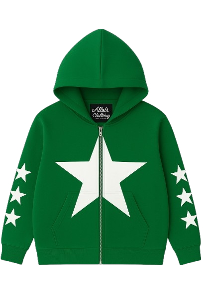 Green Allstr Zip-Up hoodie with star sleeve pattern