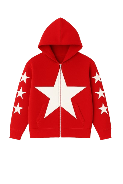 Allstr Red Zip-Up Hoodie with star sleeve pattern