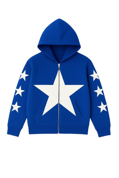 Dark Blue Allstr Zip-Up Hoodie with white star sleeve pattern