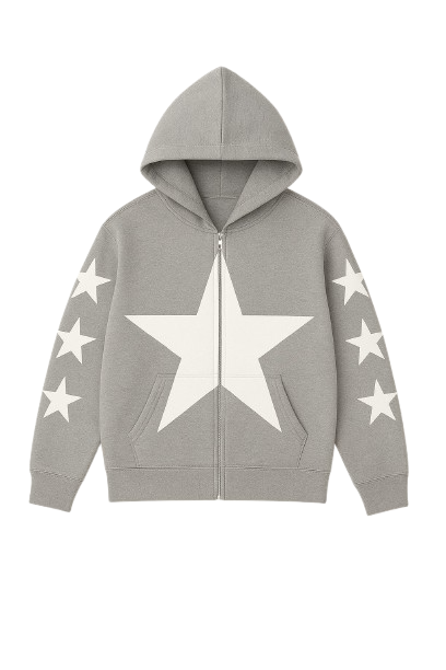 Grey Allstr Zip-Up Hoodie with white star pattern