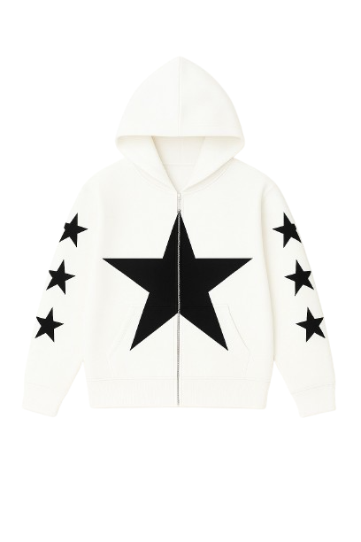 White Allstr Zip-Up hoodie with black star sleeve pattern
