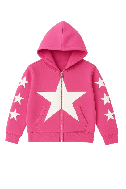Pink Allstr Zip-Up Hoodie with white star sleeve pattern