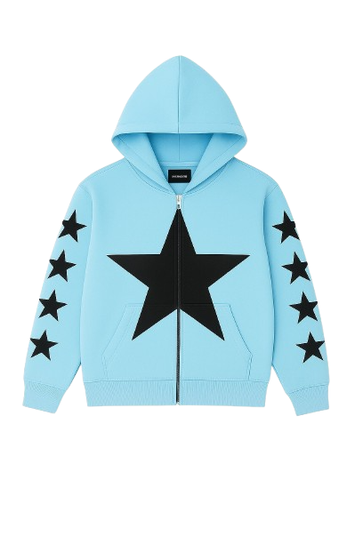 Light Blue Zip-Up Allstr hoodie with black star sleeve pattern