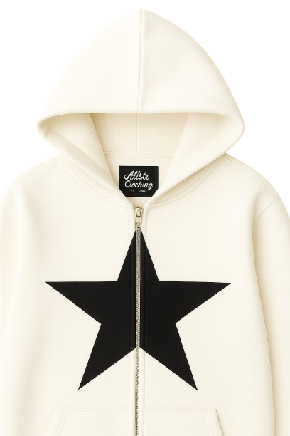White Allstr Zip-Up hoodie with black star sleeve pattern