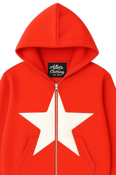 Allstr Red Zip-Up Hoodie with star sleeve pattern