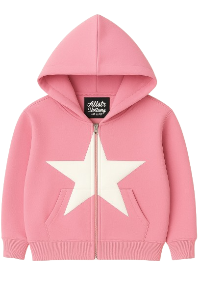 Pink Allstr Zip-Up Hoodie with white star sleeve pattern