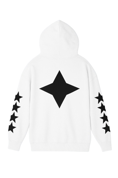 White Allstr hoodie with black star sleeve pattern